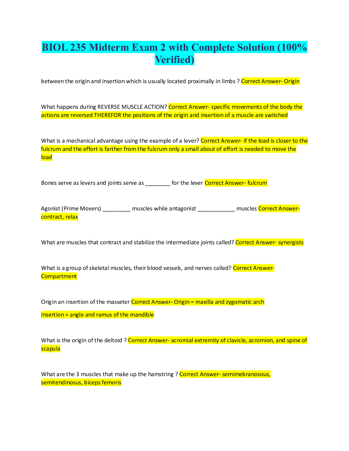 Preview of BIOL 235 Midterm Exam 2 with Complete Solution (100% Verified)